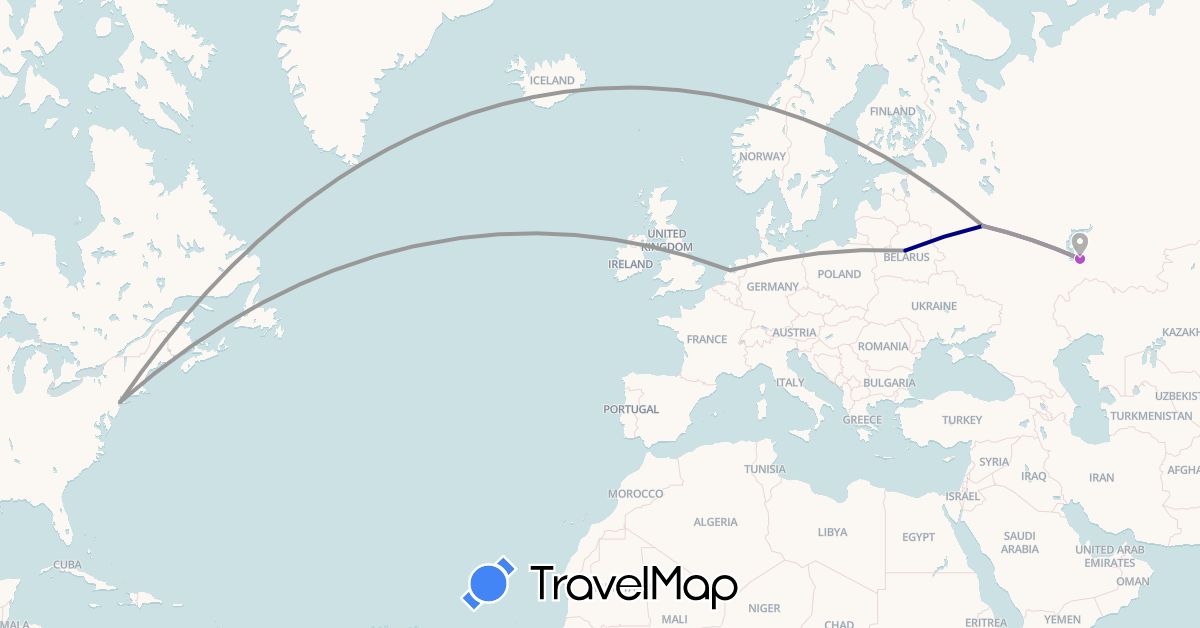 TravelMap itinerary: driving, plane, train in Belarus, Netherlands, Russia, United States (Europe, North America)